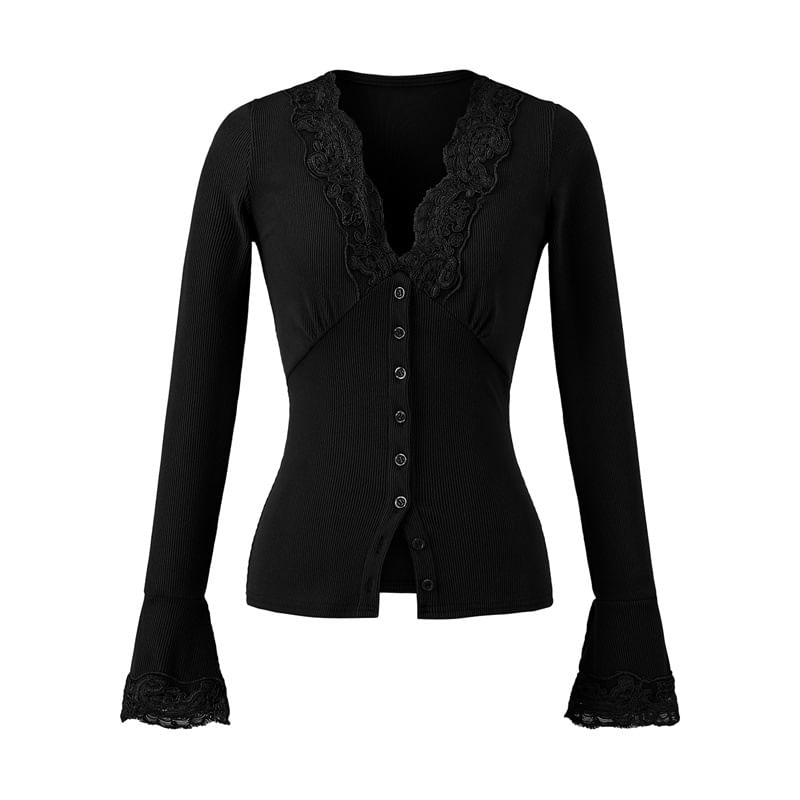 Long-Sleeve Top with Lace Trim and V-Neck in Solid Color