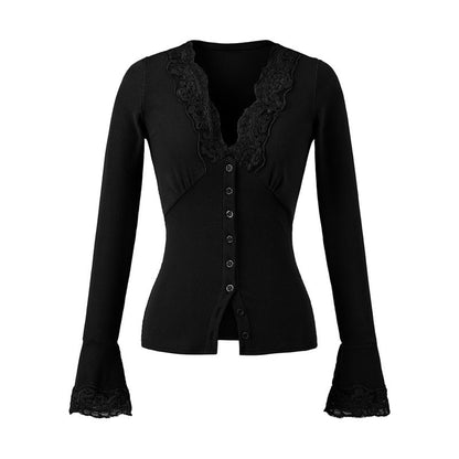 Long-Sleeve Top with Lace Trim and V-Neck in Solid Color