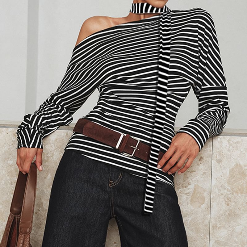 Set: One-Shoulder Striped T-Shirt with Long Sleeves and Sash