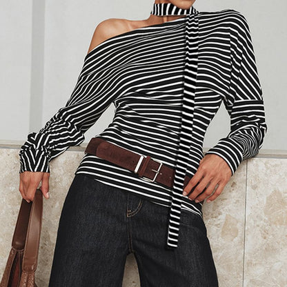 Set: One-Shoulder Striped T-Shirt with Long Sleeves and Sash