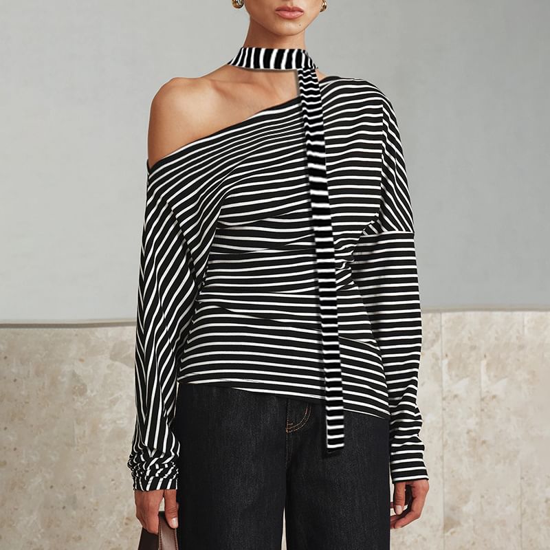 Set: One-Shoulder Striped T-Shirt with Long Sleeves and Sash