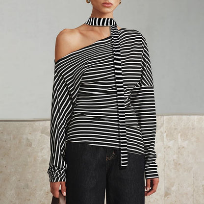 Set: One-Shoulder Striped T-Shirt with Long Sleeves and Sash