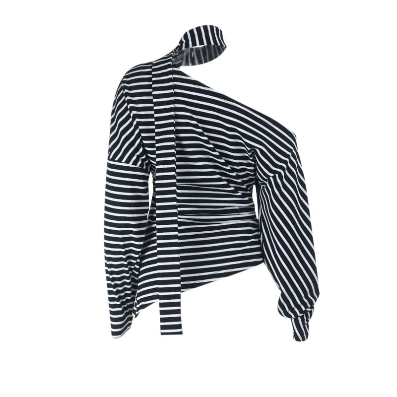 Set: One-Shoulder Striped T-Shirt with Long Sleeves and Sash