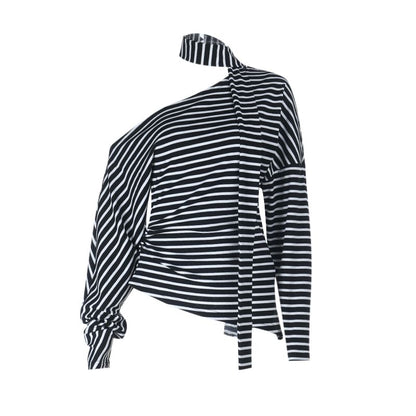 Set: One-Shoulder Striped T-Shirt with Long Sleeves and Sash