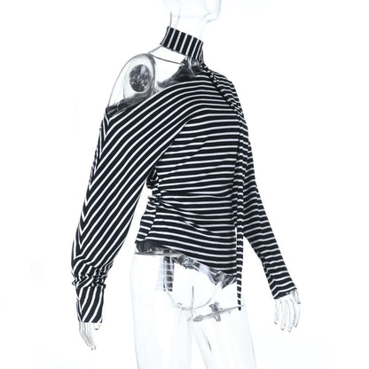 Set: One-Shoulder Striped T-Shirt with Long Sleeves and Sash