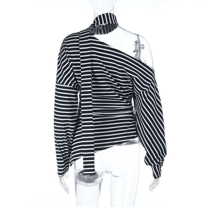 Set: One-Shoulder Striped T-Shirt with Long Sleeves and Sash