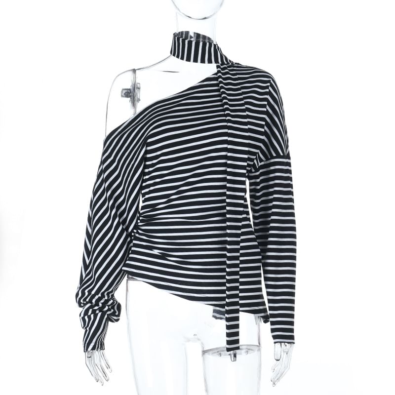 Set: One-Shoulder Striped T-Shirt with Long Sleeves and Sash