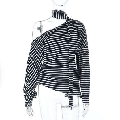 Set: One-Shoulder Striped T-Shirt with Long Sleeves and Sash