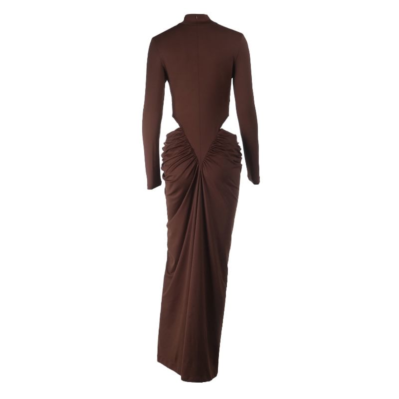 Long-Sleeve High Neck Plain Cutout Shirred Maxi Mermaid Dress
