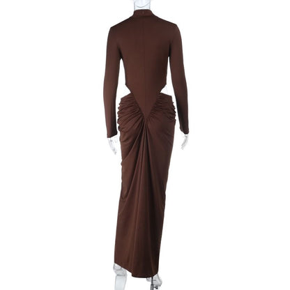 Long-Sleeve High Neck Plain Cutout Shirred Maxi Mermaid Dress