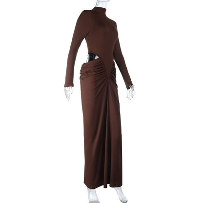 Long-Sleeve High Neck Plain Cutout Shirred Maxi Mermaid Dress