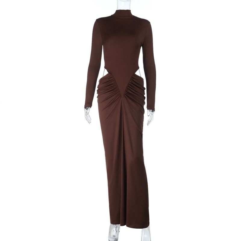 Long-Sleeve High Neck Plain Cutout Shirred Maxi Mermaid Dress