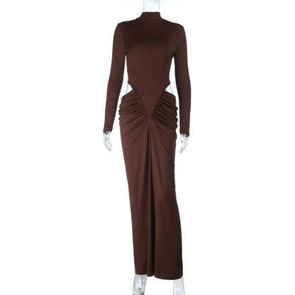 Long-Sleeve High Neck Plain Cutout Shirred Maxi Mermaid Dress