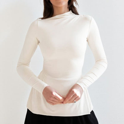 Plain T-Shirt with High Neck and Long Sleeve Silhouette