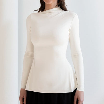 Plain T-Shirt with High Neck and Long Sleeve Silhouette
