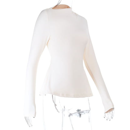 Plain T-Shirt with High Neck and Long Sleeve Silhouette