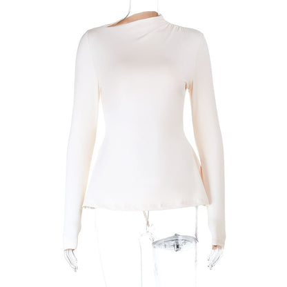Plain T-Shirt with High Neck and Long Sleeve Silhouette