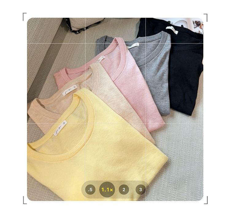 Crewneck Knit Top with Long Sleeves in Solid Color