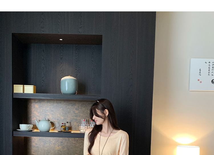 Crewneck Knit Top with Long Sleeves in Solid Color