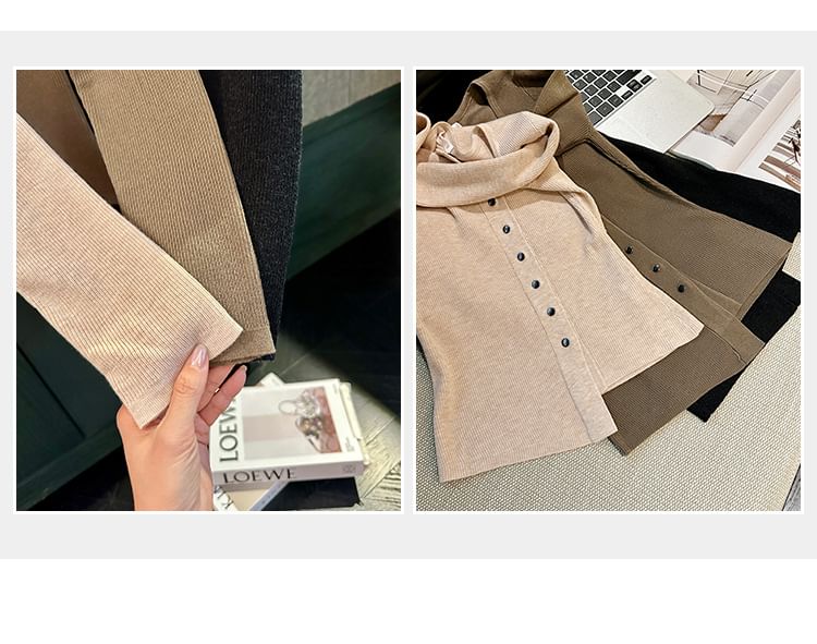 Button-Up Knit Top with Long Sleeves in Solid Color