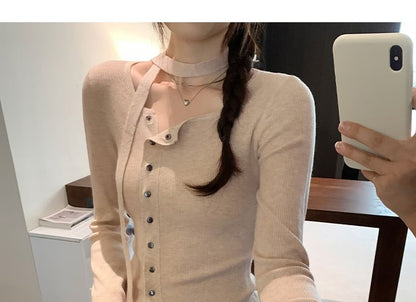 Button-Up Knit Top with Long Sleeves in Solid Color