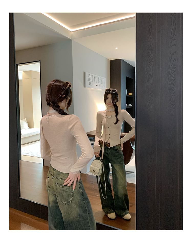 Button-Up Knit Top with Long Sleeves in Solid Color