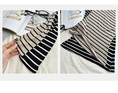 Boatneck T-Shirt with Striped Pattern and Long Sleeves