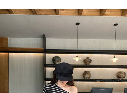Boatneck T-Shirt with Striped Pattern and Long Sleeves