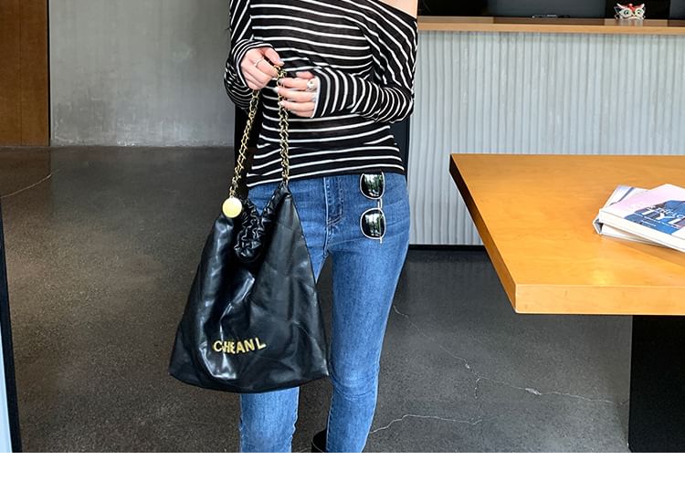 Boatneck T-Shirt with Striped Pattern and Long Sleeves