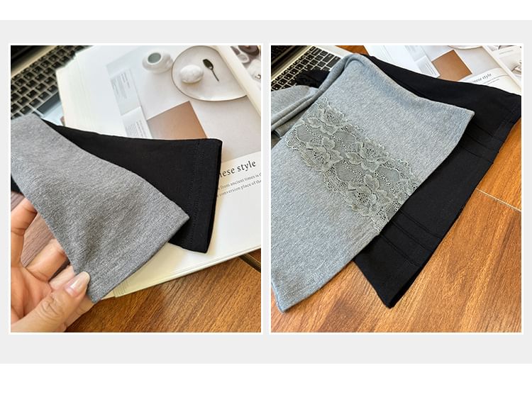 V-Neck Top with Lace Trim and Long Sleeves in Solid Color