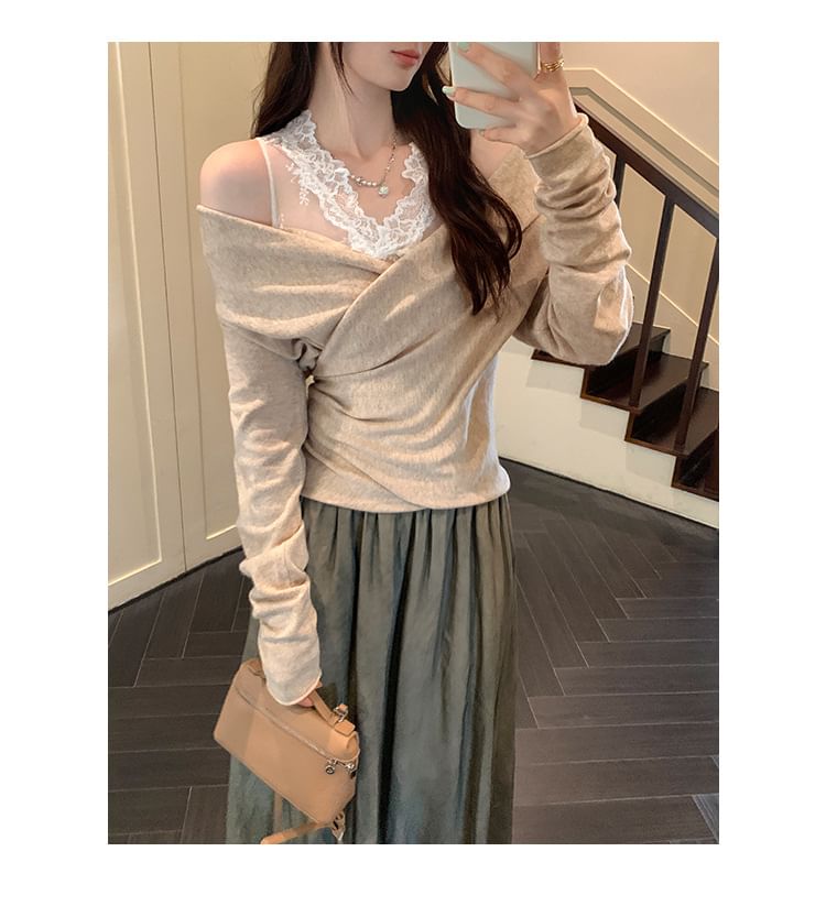 Cold Shoulder Knit Top with Lace Details and Long Sleeves
