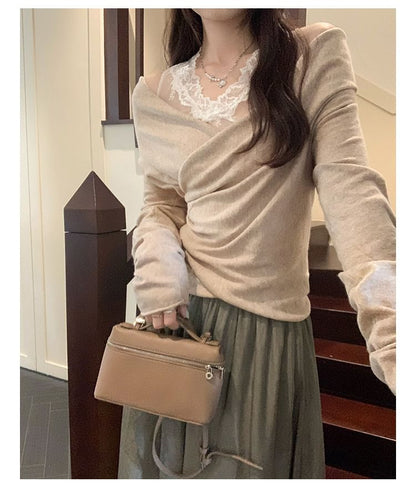Cold Shoulder Knit Top with Lace Details and Long Sleeves