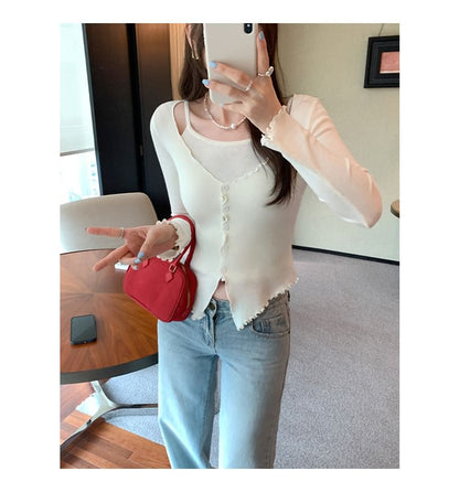 Faux-Layer Knit Top with Long Sleeves in Solid Color