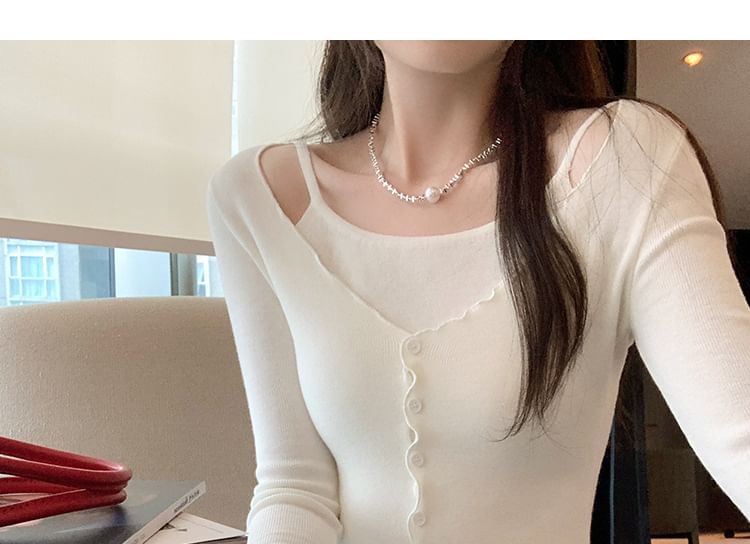 Faux-Layer Knit Top with Long Sleeves in Solid Color