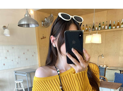 Off-Shoulder Ribbed Knit Top with Long Sleeves in Solid Color