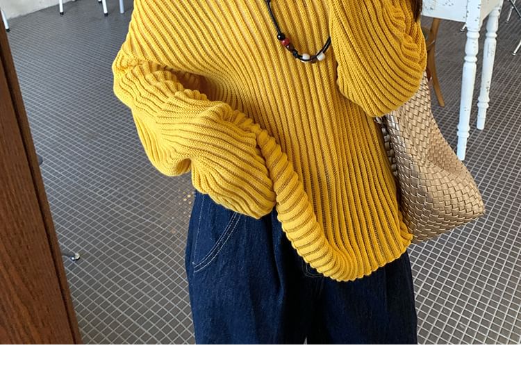 Off-Shoulder Ribbed Knit Top with Long Sleeves in Solid Color