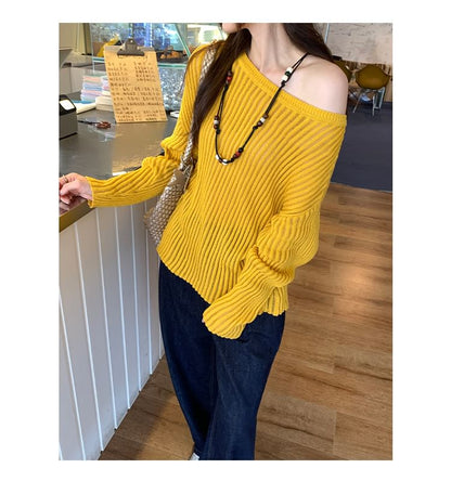 Off-Shoulder Ribbed Knit Top with Long Sleeves in Solid Color