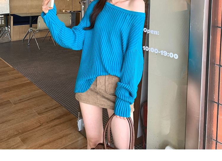 Off-Shoulder Ribbed Knit Top with Long Sleeves in Solid Color