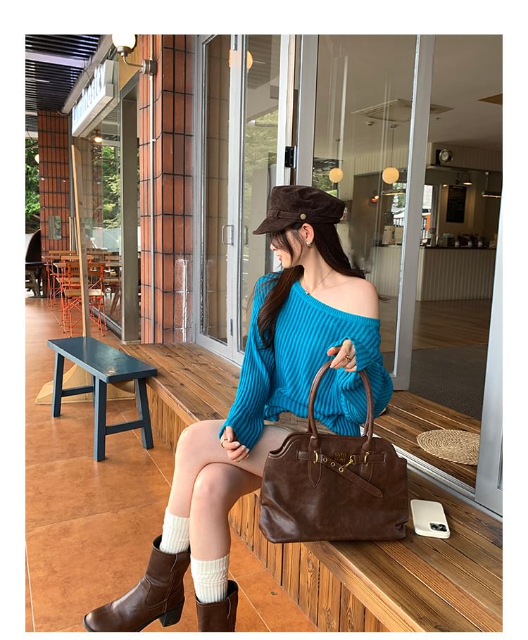Off-Shoulder Ribbed Knit Top with Long Sleeves in Solid Color