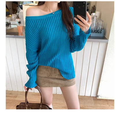 Off-Shoulder Ribbed Knit Top with Long Sleeves in Solid Color