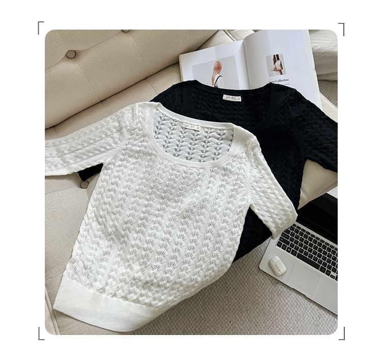 Off-Shoulder Plain Knit Top with Elbow Sleeves