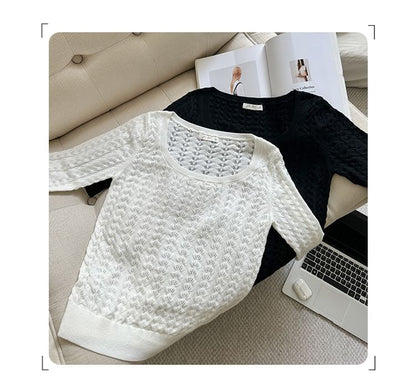 Off-Shoulder Plain Knit Top with Elbow Sleeves