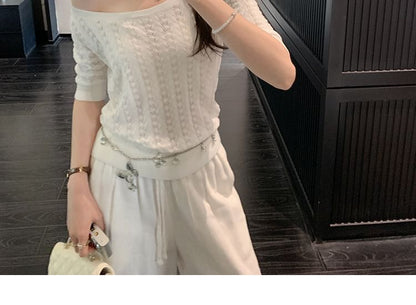 Off-Shoulder Plain Knit Top with Elbow Sleeves