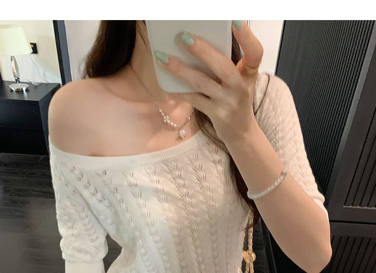 Off-Shoulder Plain Knit Top with Elbow Sleeves