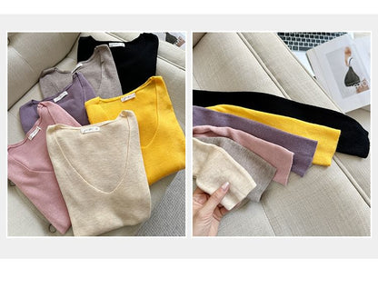 V-Neck Knit Top with Long Sleeves in Solid Color