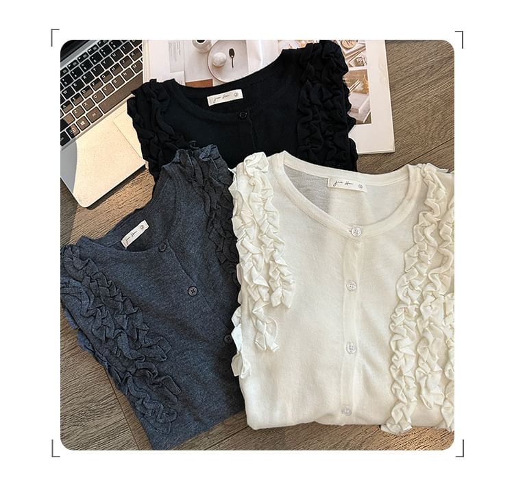 Button-Up Knit Top with Frill Trim and Long Sleeves in Solid Color