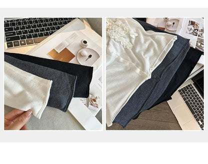 Button-Up Knit Top with Frill Trim and Long Sleeves in Solid Color