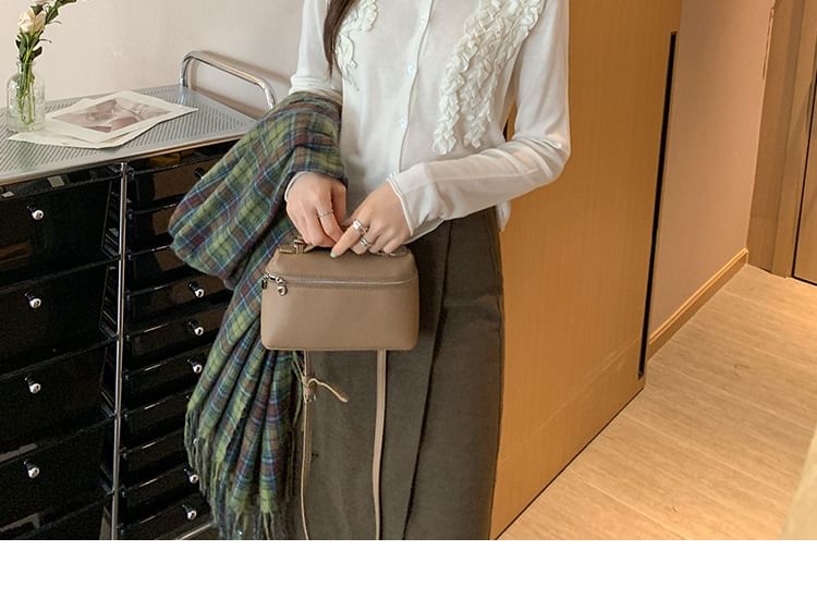 Button-Up Knit Top with Frill Trim and Long Sleeves in Solid Color