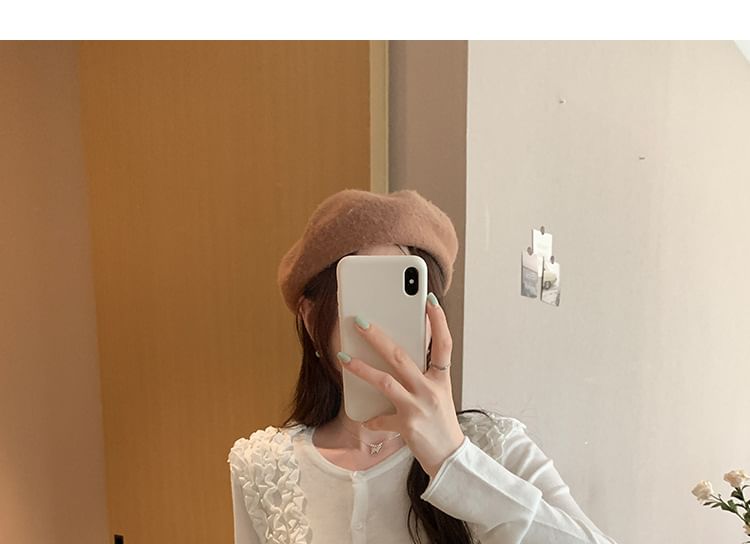 Button-Up Knit Top with Frill Trim and Long Sleeves in Solid Color