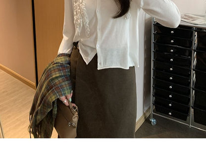 Button-Up Knit Top with Frill Trim and Long Sleeves in Solid Color